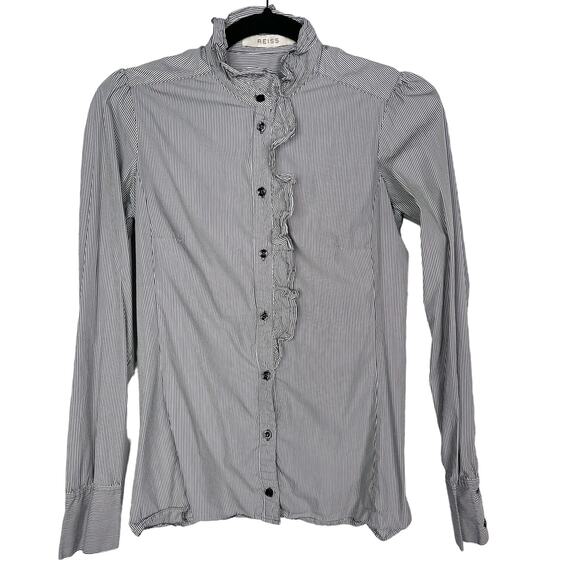 Reiss US 2 Black White Pinstripe Ruffle Mock Neck Long Sleeve Blouse Top Cotton - Picture 1 of 11